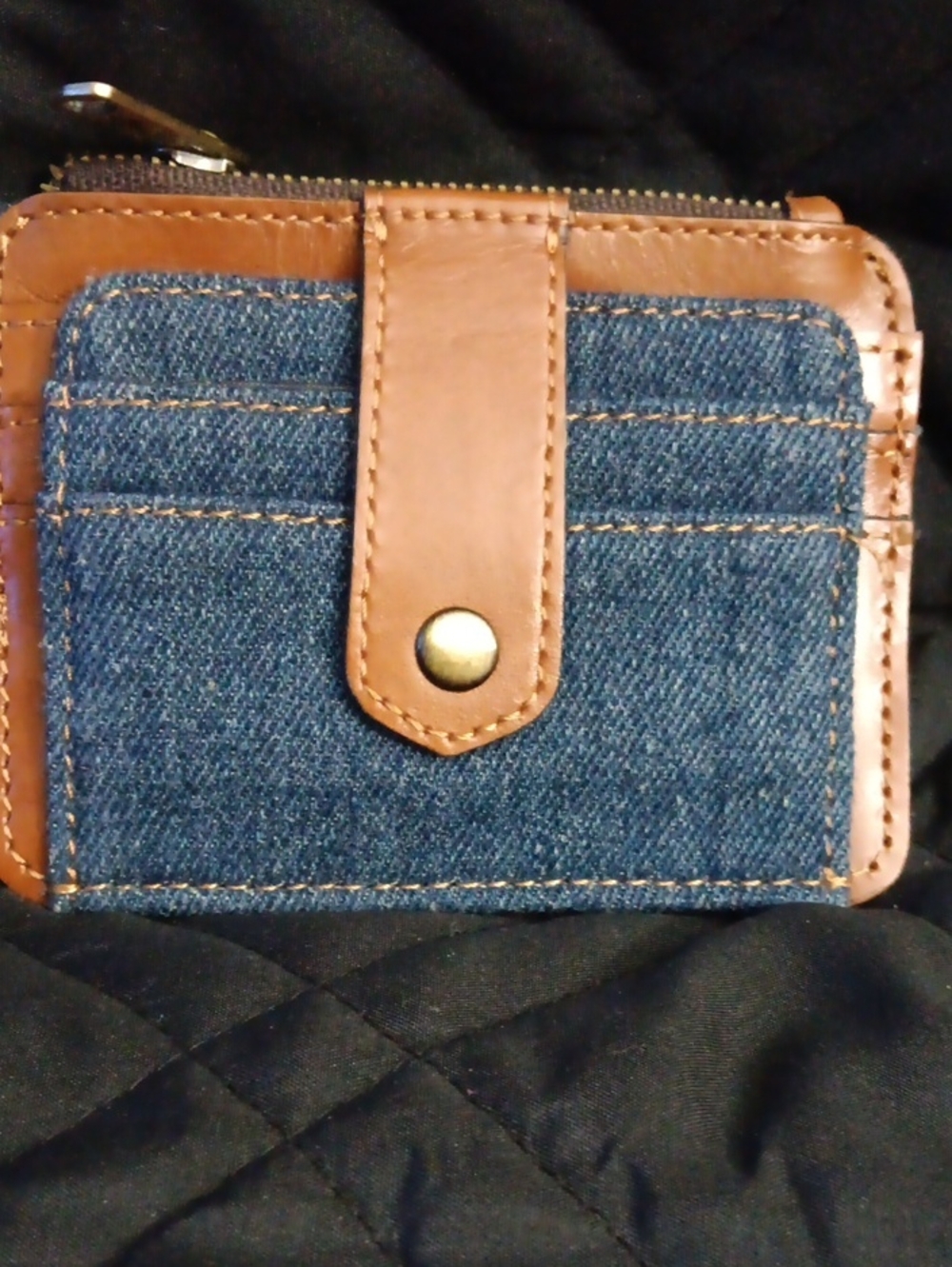Patricial Nash Blue Denim Card Wallet with Brown Leather Trim